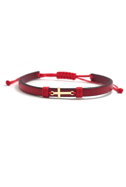 Bratara din piele naturala rosie ingusta si cruciulita din aur de 14k