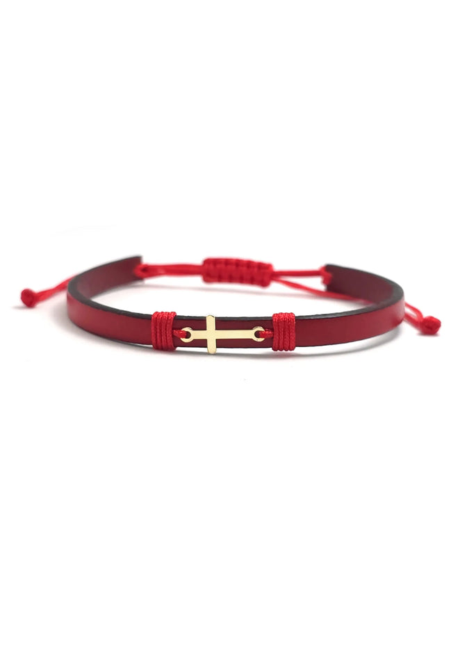 Bratara din piele naturala rosie ingusta si cruciulita din aur de 14k