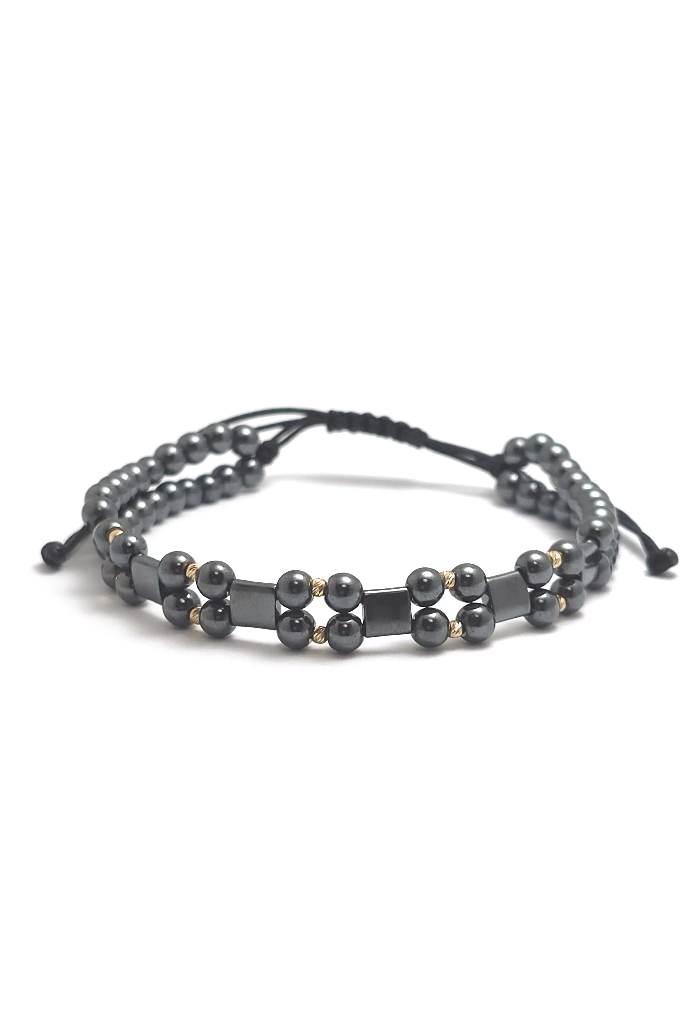 Brățară dublă cu 10 biluțe striate de 2mm din aur 14k și Hematite Argintii