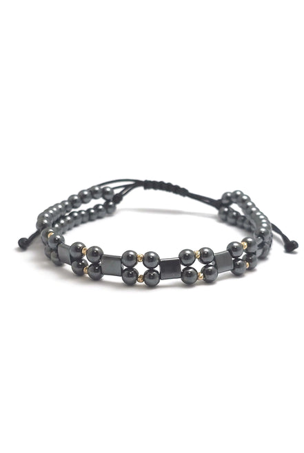 Brățară dublă cu 10 biluțe striate de 2mm din aur 14k și Hematite Argintii