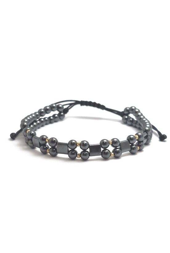 Brățară dublă cu 10 biluțe striate de 2mm din aur 14k și Hematite Argintii