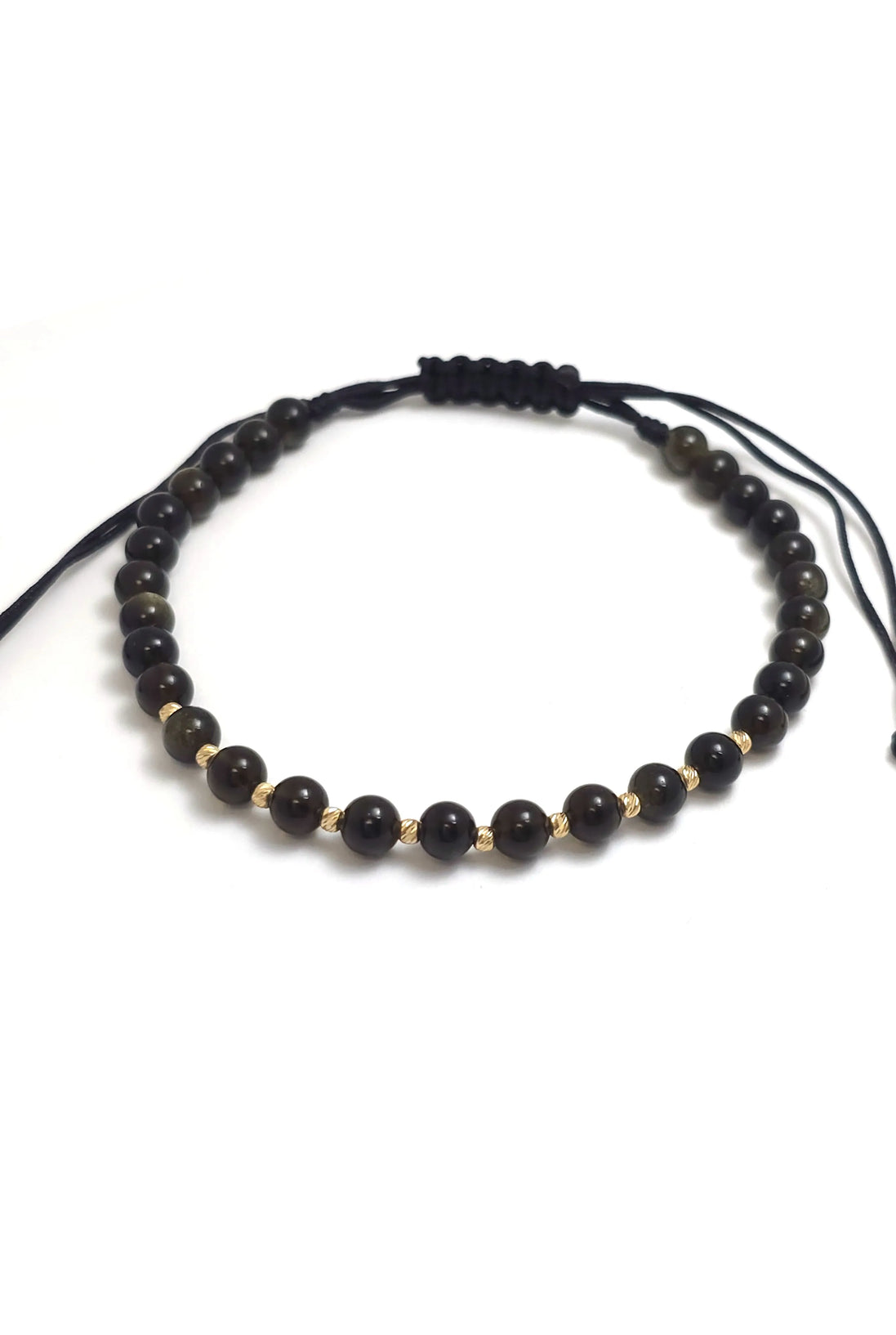 Brățară cu 10 biluțe striate de 2mm din aur 14k și Obsidian cu Inserții Aurii