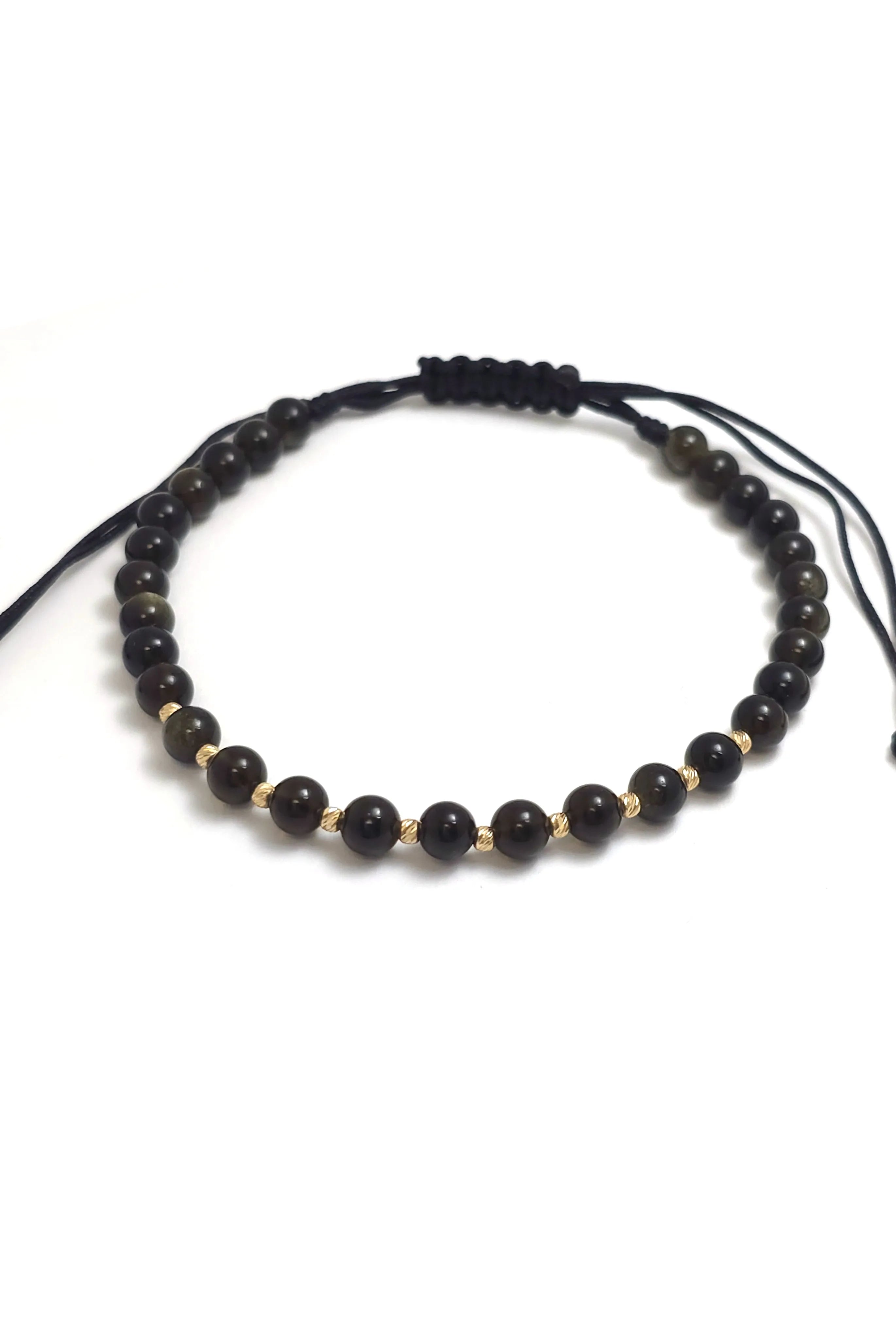 Brățară cu 10 biluțe striate de 2mm din aur 14k și Obsidian cu Inserții Aurii