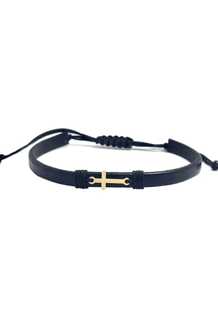 Bratara din piele naturala neagra ingusta si cruciulita din aur de 14k